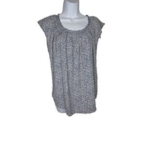 LC Lauren Conrad Women's Top M Navy‎ White Floral Blouse Short Sleeve Pullover